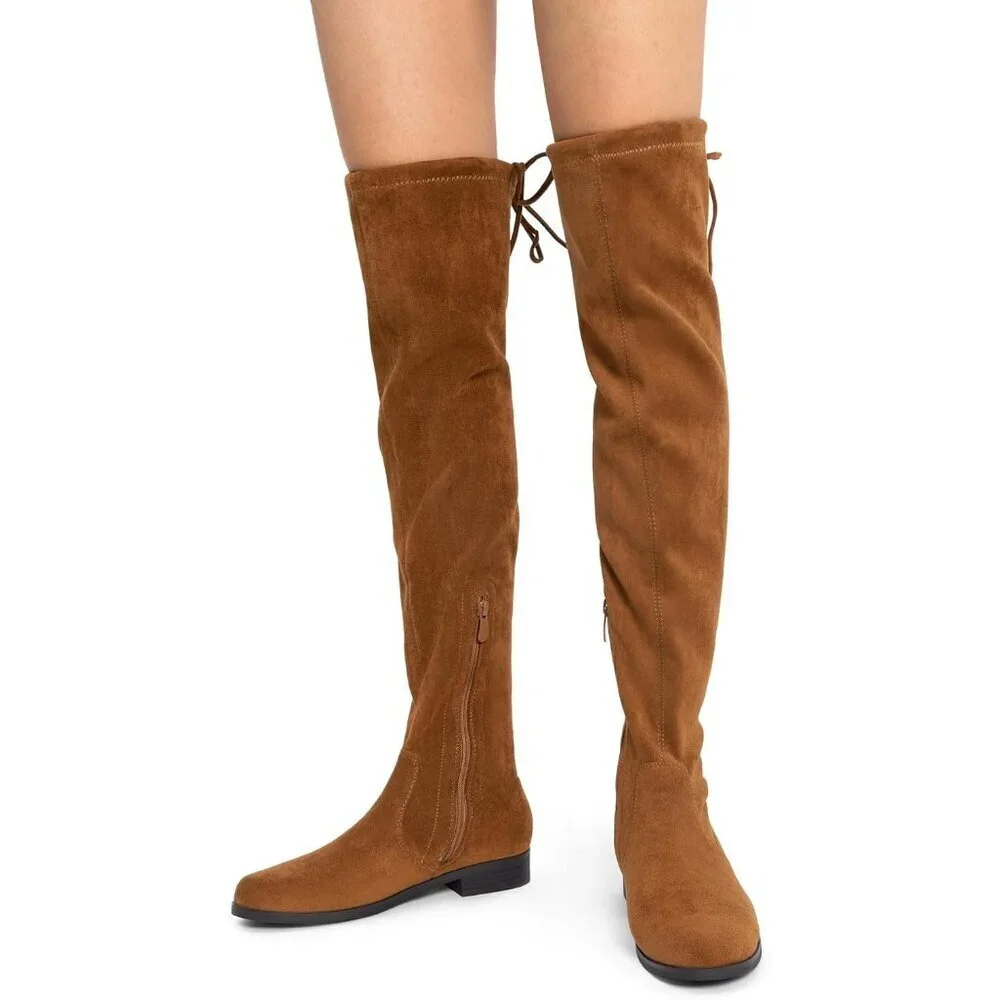 Women's Tan-suede Thigh High Low Block Heel Casual Fashion Over the Knee Boots